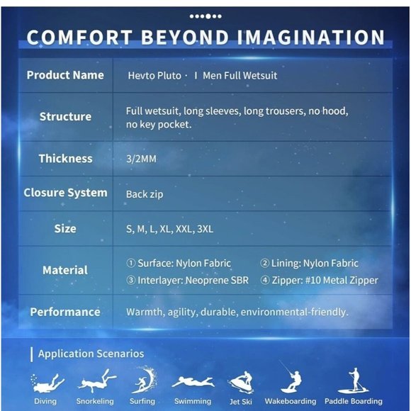 Wetsuit Hevto Men’s 3/2 mm Neoprene Suit Small Full Shorty Surfing Swimming Divi - Picture 4 of 7